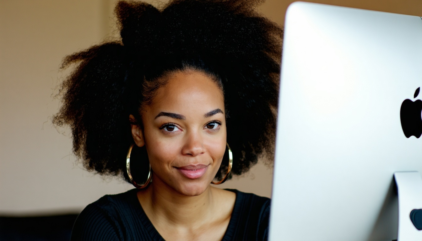 Uma mulher negra atraente em frente a um computador Apple está projetando um SVG Tiny 12-2