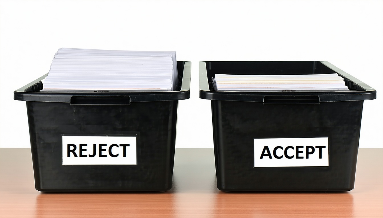 Bandejas de arquivos sobre a mesa Uma delas está marcada como REJECT e a outra como ACCEPT-1