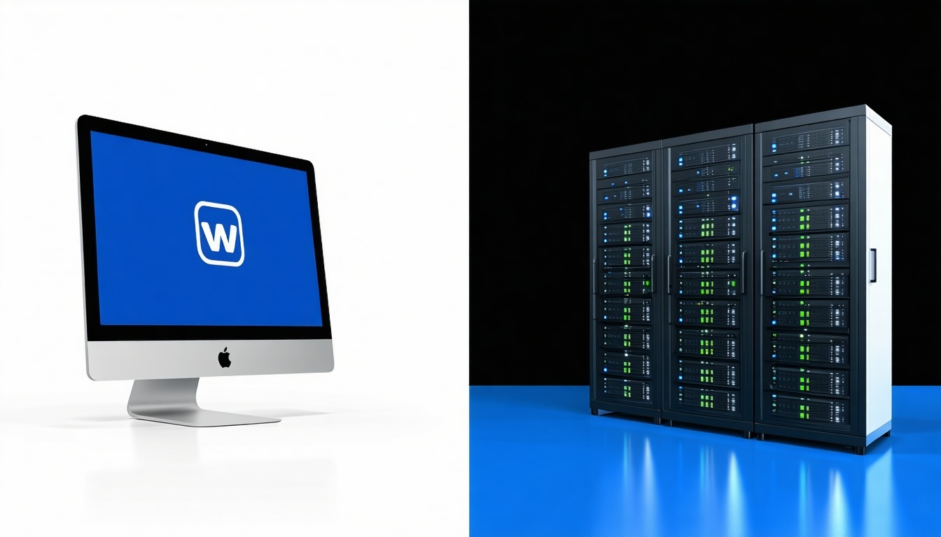 imagem dividida ao meio, uma metade representando um monitor com logotipo e a outra metade representando servidores da Web-2
