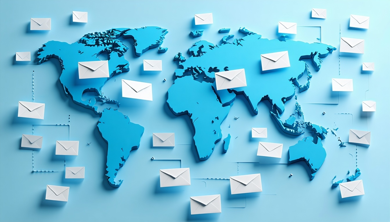 mapa do mundo enquanto os e-mails voam de um continente para o outro
