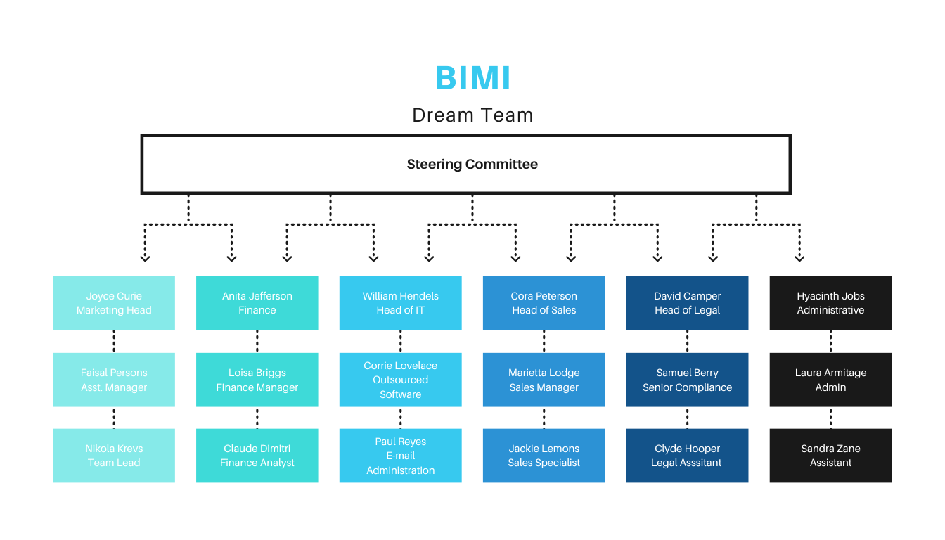 Gráfico da equipe do BIMI Dream composto pelos departamentos de Marketing, Finanças, TI, Vendas, Jurídico e administrativo